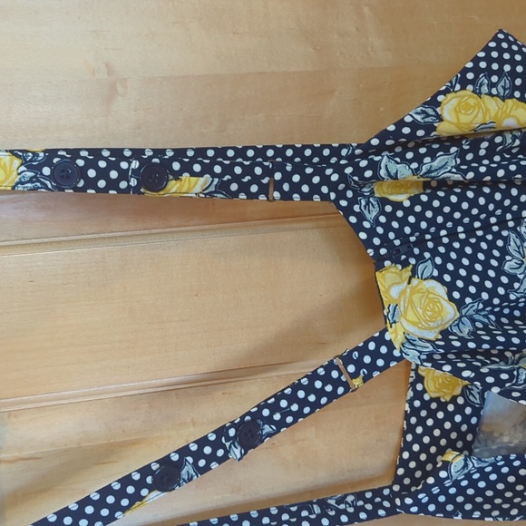 ModCloth Suspender Skirt Sz 2X Pockets Navy White Polka Dot Yellow Floral - Picture 6 of 6